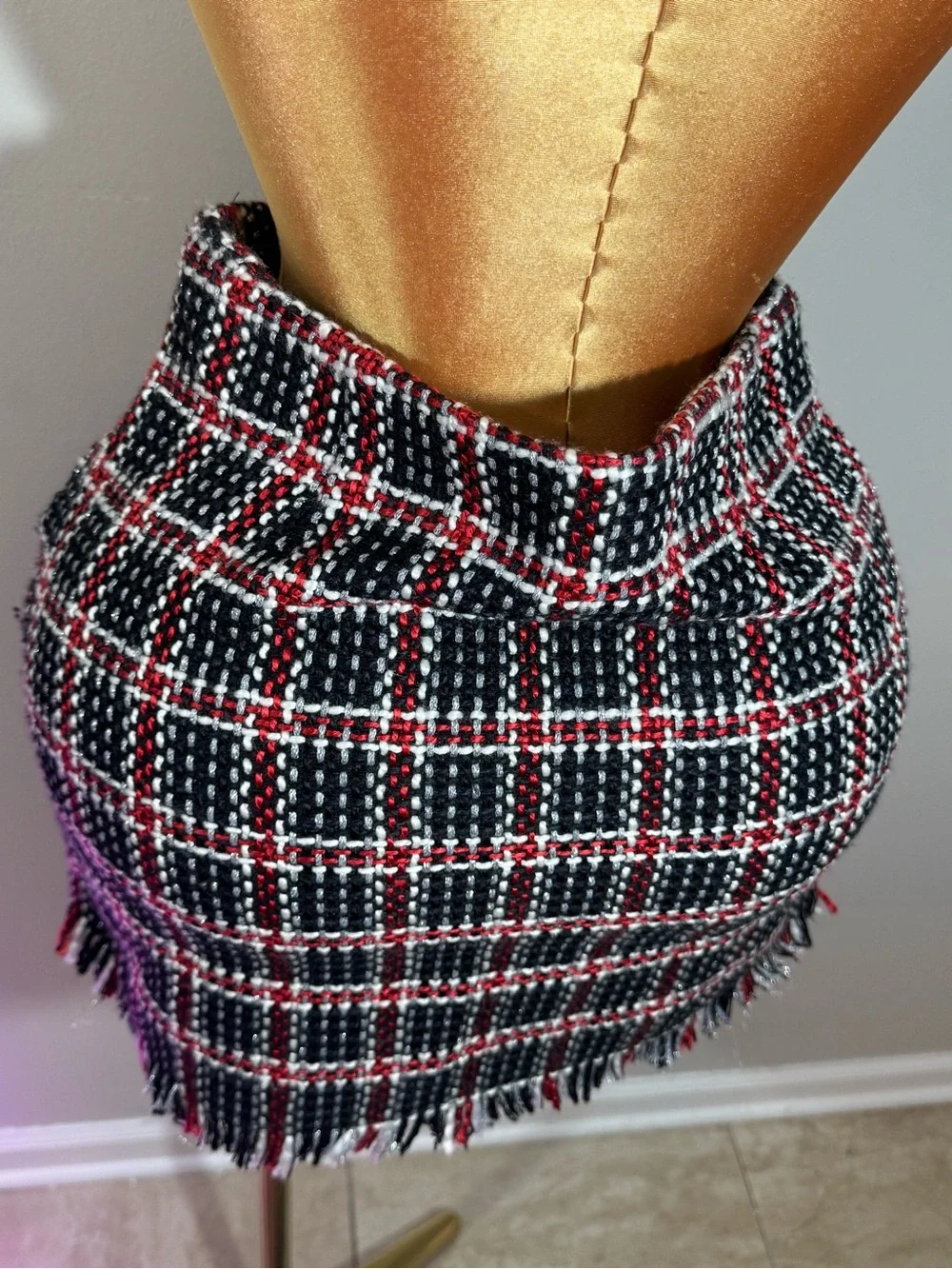 GB girls Black, Red & White Plaid Tweed Fringe Mini Skirt